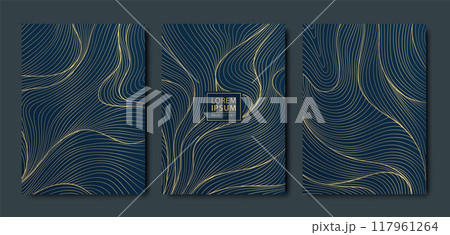Vector set of wave background patterns, line Japanese design, abstract sea texture. Golden on dark illustration. Asian posters, vintage oriental covers 117961264