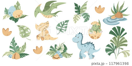 Set of cute cartoon dinosaurs and tropical plants on white background. Ancient lizards collection. Children s illustration for design of clothes, wallpapers, greeting cards, etc. Set of cute cartoon dinosaurs and tropical plants on white background. Ancient lizards collection. Children s illustration for design of clothes, wallpapers, greeting cards, etc. 117961398