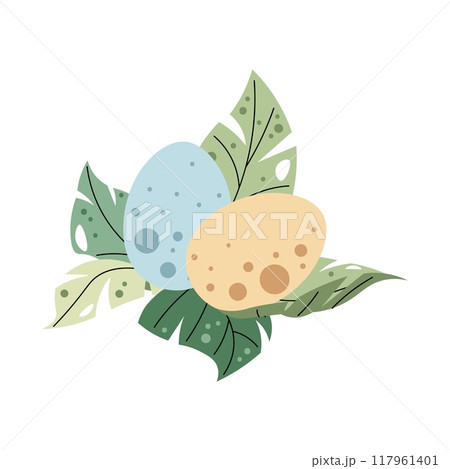 Illustration of tropical plants with dinosaur eggs on white background. Baby dino in flat cartoon style. Children s clipart for clothing design, wallpaper, greeting cards, etc Illustration of tropical plants with dinosaur eggs on white background. Baby dino in flat cartoon style. Children s clipart for clothing design, wallpaper, greeting cards, etc 117961401