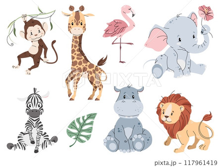 Set of cute African animals on white background. Cartoon little animals in flat style. Safari collection. Vector children's illustration for clothes, fabric, greeting cards, stickers, etc. 117961419