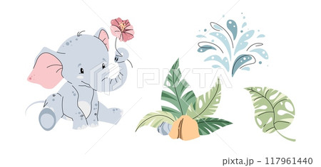 Set of African animals and plants on white background. Illustration of elephant, tropical plants in flat cartoon style. Safari collection. Vector clipart for clothes, fabric, greeting cards, stickers 117961440