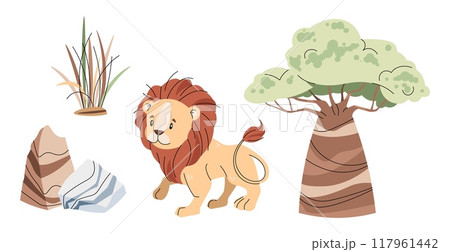 Set of African animals and plants on white background. Illustration of lion, baobab and rocks in flat cartoon style. Safari collection. Vector clipart for clothes, fabric, greeting cards, stickers Set of African animals and plants on white background. Illustration of lion, baobab and rocks in flat cartoon style. Safari collection. Vector clipart for clothes, fabric, greeting cards, stickers 117961442