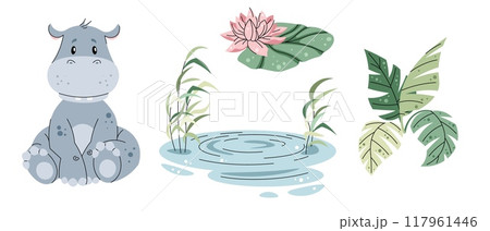 Set of African animals and plants on white background. Illustration of hippopotamus and pond in flat cartoon style. Safari collection. Vector clipart for clothes, fabric, greeting cards, stickers 117961446