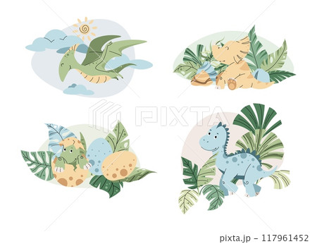 Set of Cute cartoon dinosaurs among tropical plants. Ancient lizard in flat style. Children s illustration of baby dino for design of clothes, wallpaper, greeting cards, etc. 117961452