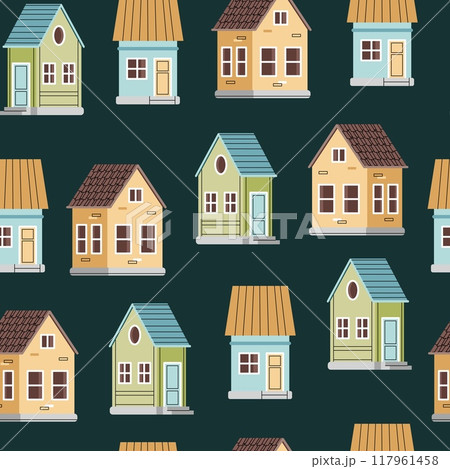 Seamless pattern with cute colorful houses in flat style. Background with country houses, townhouses. Cartoon texture for fabric, wallpaper, clothes. Seamless pattern with cute colorful houses in flat style. Background with country houses, townhouses. Cartoon texture for fabric, wallpaper, clothes. 117961458
