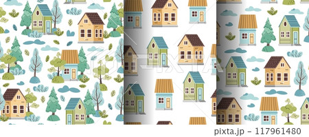 Collection of Seamless patterns with cute houses and forest trees in flat style. Children's background with country houses, Christmas tree and clouds. Cartoon texture for fabric, wallpaper, clothes. Collection of Seamless patterns with cute houses and forest trees in flat style. Children's background with country houses, Christmas tree and clouds. Cartoon texture for fabric, wallpaper, clothes. 117961480