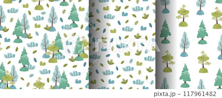 Collection of seamless patterns with cute forest trees and bushes in flat style. Children's background with fir tree, deciduous trees and grass. Cartoon texture for fabric, wallpaper, clothes. Collection of seamless patterns with cute forest trees and bushes in flat style. Children's background with fir tree, deciduous trees and grass. Cartoon texture for fabric, wallpaper, clothes. 117961482