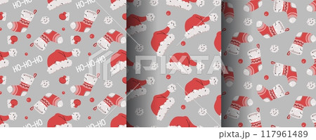 Collection of seamless Christmas patterns with Santa hat, sock and mittens in flat style. Holiday background with Christmas elements. Cartoon texture for fabric, wallpaper, wrapping paper. 117961489