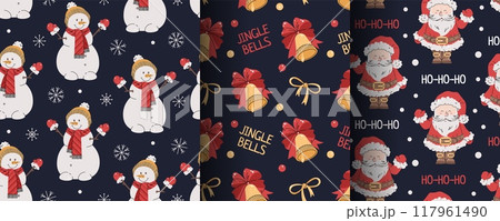 Collection of seamless Christmas patterns with Santa, snowman and bell in flat style. Holiday background with Christmas elements. Cartoon texture for fabric, wallpaper, wrapping paper. 117961490