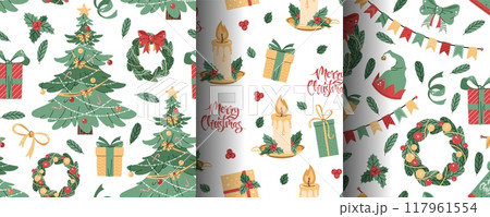 Set of seamless patterns with Christmas tree, candle, wreath and gifts. Vector holiday texture in flat style. Merry Christmas and Happy New Year. Suitable for wallpaper, wrapping paper, fabric, etc. 117961554