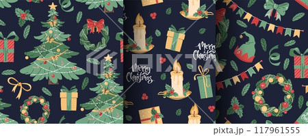 Set of seamless patterns with Christmas tree, candle, wreath and gifts. Vector holiday texture in flat style. Merry Christmas and Happy New Year. Suitable for wallpaper, wrapping paper, fabric, etc. Set of seamless patterns with Christmas tree, candle, wreath and gifts. Vector holiday texture in flat style. Merry Christmas and Happy New Year. Suitable for wallpaper, wrapping paper, fabric, etc. 117961555