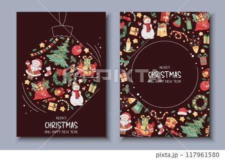Set of Christmas greeting cards with festive elements in the form of a Christmas tree ball. Merry Christmas and Happy New Year. Banner, poster, flyer with Santa, Claus, Christmas tree, etc 117961580