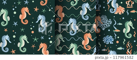 Set of seamless patterns with cute seahorse, starfish and algae. Underwater world, ocean inhabitants. Suitable for fabric, wallpaper, wrapping paper, scrapbooking, etc. 117961582