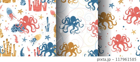 Set of seamless patterns with cute octopus, starfish, jellyfish and algae. Underwater world, ocean inhabitants. Suitable for fabric, wallpaper, wrapping paper, scrapbooking, etc. 117961585