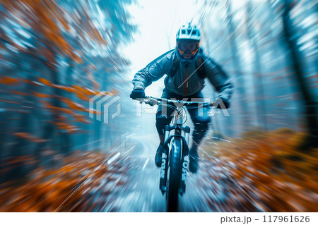 A man is riding a bike in the woods 117961626