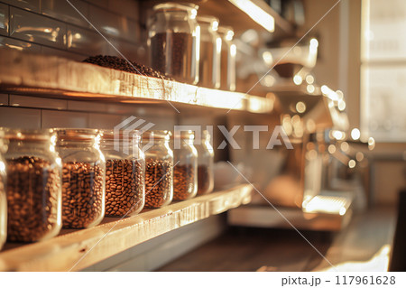 A shelf full of jars with beans in them 117961628