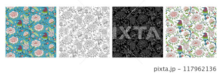 Set of 4 Indian floral patterns with abstract trailing flowers and birds 117962136