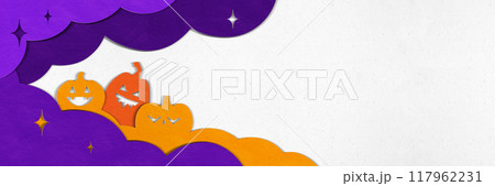 Poster. Contemporary art collage. Three jack-o'-lanterns peek out from purple haze, ready for Halloween fun. Trendy vibrant style. 117962231