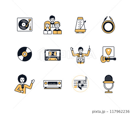 Melody and instruments - line design style icons set Melody and instruments - line design style icons set 117962236