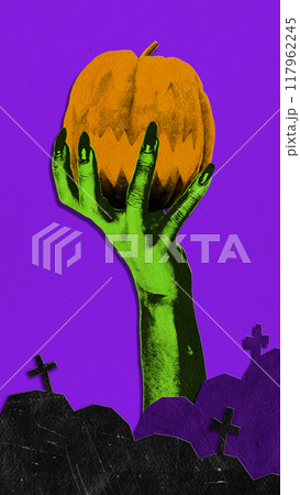 Poster. Contemporary art collage. Green hand with sharp nails holds jack-o'-lantern high, perfect Halloween trophy. Poster. Contemporary art collage. Green hand with sharp nails holds jack-o'-lantern high, perfect Halloween trophy. 117962245