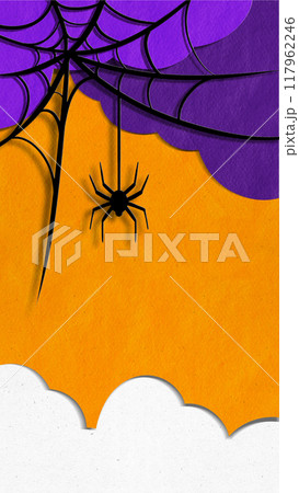Poster. Contemporary art collage. One spider descends from its web, creeping into Halloween fun. Copy space for text. 117962246