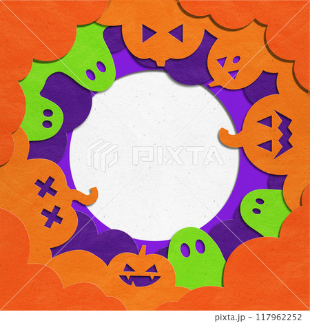 Poster. Contemporary art collage. Festive Halloween border with pumpkins and ghosts, perfect for framing spooky messages. Poster. Contemporary art collage. Festive Halloween border with pumpkins and ghosts, perfect for framing spooky messages. 117962252