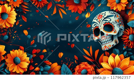 Day of the Dead skull on blue background with flowers. Dia de los Muertos banner with copy space 117962357