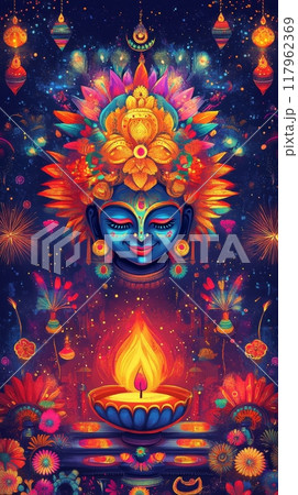 Vertical illustration of Diwali and Dussehra celebrations with diyas, fireworks, and rangoli designs 117962369