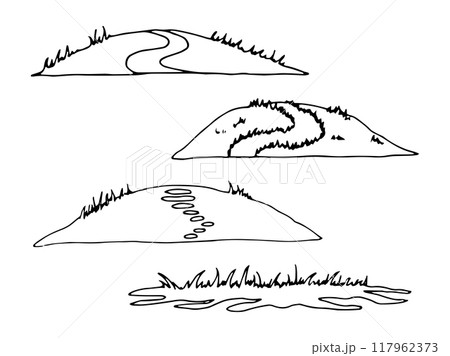 Silhouette of land with road and grass. Black outline illustration for Halloween. Hand drawn isolated graphic clipart. Line sketch of landscape for decoration and design. Simple Doodle style. Silhouette of land with road and grass. Black outline illustration for Halloween. Hand drawn isolated graphic clipart. Line sketch of landscape for decoration and design. Simple Doodle style. 117962373