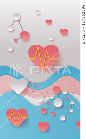 Heart with heartbeat medical theme. Paper cut style with hearts molecules and wave patterns in pink blue and gray tones. Perfect for health and wellness design 117962395