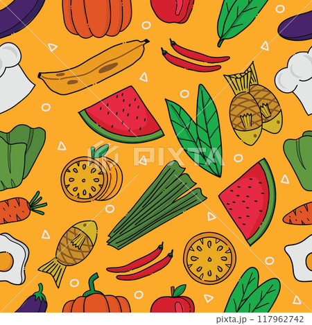 Seamless pattern of foods ,fruits and vegetables-hand drawn various colors on yellow background.Vector illustration Seamless pattern of foods ,fruits and vegetables-hand drawn various colors on yellow background.Vector illustration 117962742