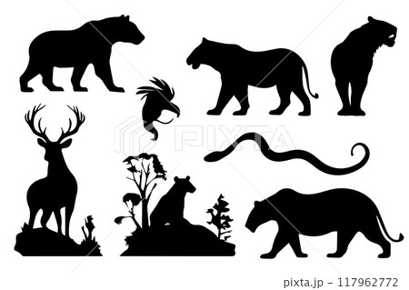 Set of wildlife animals illustration.Animals silhouette.Vector illustration 117962772
