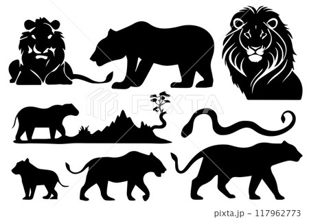 Set of wildlife animals illustration.Animals silhouette.Vector illustration 117962773