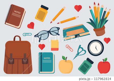 A colorful collection of school supplies illustration element.Vector illustration A colorful collection of school supplies illustration element.Vector illustration 117962814