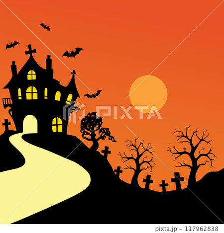 Illustration silhouette haunted house on orange background.Halloween background.Vector illustration	 117962838