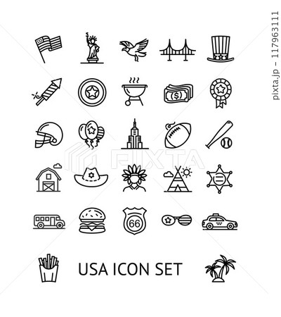 USA Sign Black Thin Line Icon Set. Vector 117963111