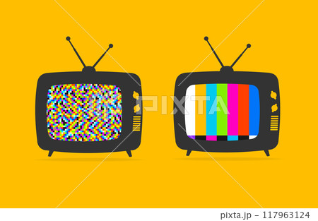 Cartoon Retro Television with Color Bars and Tv Noise Screen Set. Vector 117963124