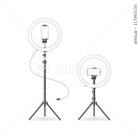 Realistic Detailed 3d Led Ring Lamp Mobile Phone Equipment Holder Set. Vector Realistic Detailed 3d Led Ring Lamp Mobile Phone Equipment Holder Set. Vector 117963130