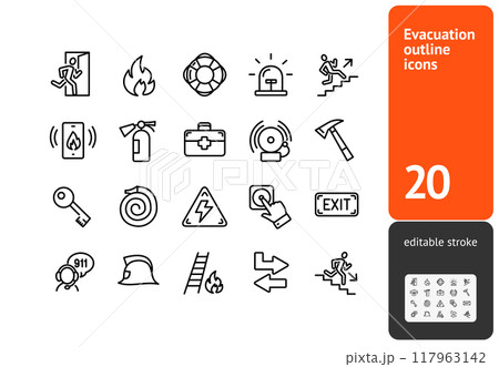 Evacuation Sign Black Thin Line Icon Set. Vector 117963142