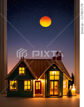 Christmas ceramic house with candle sunset poster 117963179