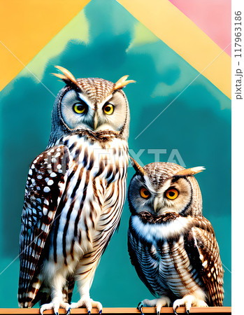 Owls painted background: knolling watercolour pastel tones. 117963186