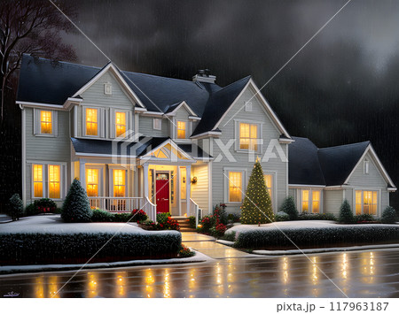 Cozy Christmas house rain flat pastel tones. 117963187