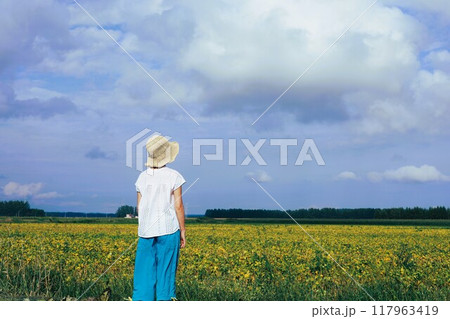 初夏、夏、初秋、北海道、十勝平野、帯広付近、士幌、士幌の畑、広い畑、地平線、気分爽快、旅女子 初夏、夏、初秋、北海道、十勝平野、帯広付近、士幌、士幌の畑、広い畑、地平線、気分爽快、旅女子 117963419