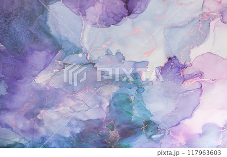 Abstract watercolor art featuring shades of purple and teal with delicate patterns and flowing lines, creating a serene atmosphere 117963603