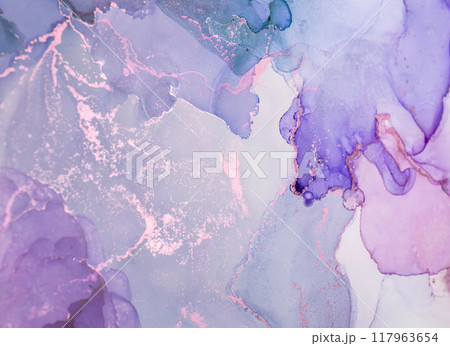 Abstract watercolor artwork showcasing gentle hues of purple and blue with a touch of pink highlights and flowing patterns 117963654