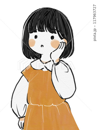 ラフでおしゃれな手描き女の子・不思議そうに頬に手を当てるのイラスト