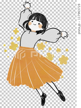 粗獷時尚的手繪女孩拿著花跳得很大 粗獷時尚的手繪女孩拿著花跳得很大 117963728