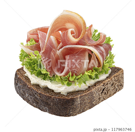 Rye bread slice with smoked bacon rolls, toast with cream cheese and salad leaves, sandwich with pork brisket isolated on white background, full depth of field 117963746