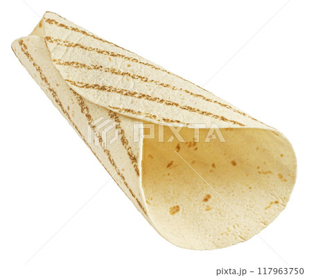 Grilled empty tortilla, thin wheat flatbread isolated on white background, full depth of field Grilled empty tortilla, thin wheat flatbread isolated on white background, full depth of field 117963750