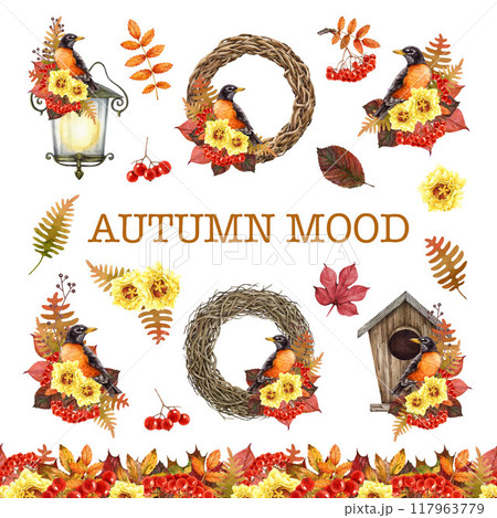 Autumn season vintage style decoration set with birds. Watercolor illustration. Vine wreath, birds, fallen leaves, berries, seamless border festive autumn collection on white background 117963779